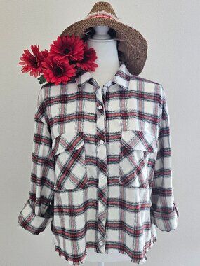 White Red Plaid Cropped Flannel Shirt – Frayed Hem – Roll Tab Sleeves